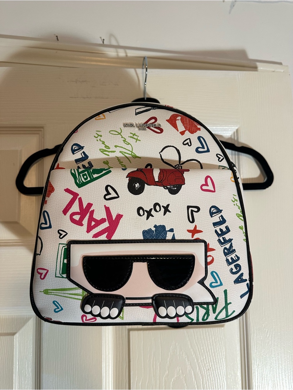Karl Lagerfeld White Multicolor Graffiti Mini Backpack with Karl Face Applique